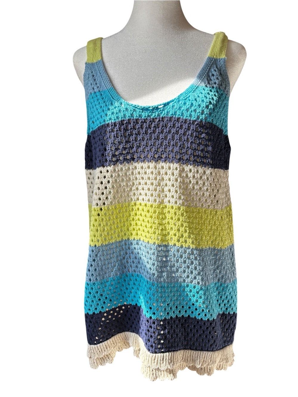 Boho Resort Style Design365 100% Cotton Crochet Tank Top Colorblock Striped  1X